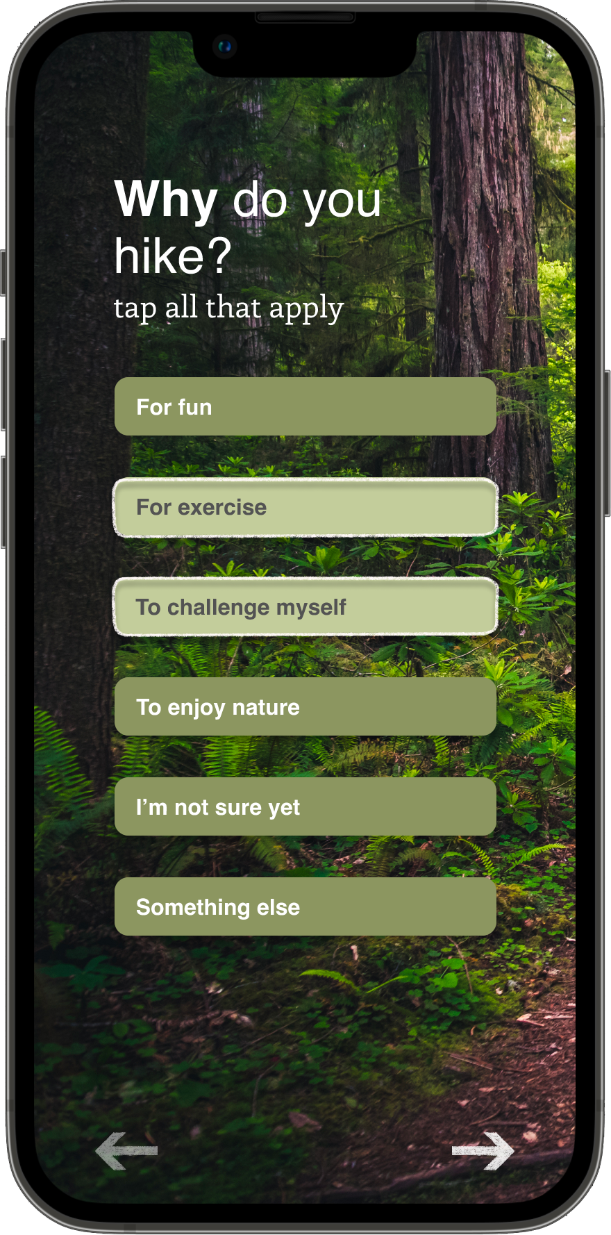 screen asking: why do you hike, with options