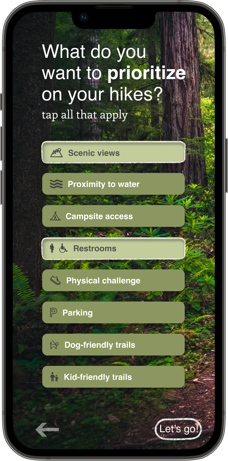 screen asking: what do you want to prioritize on your hikes, with options